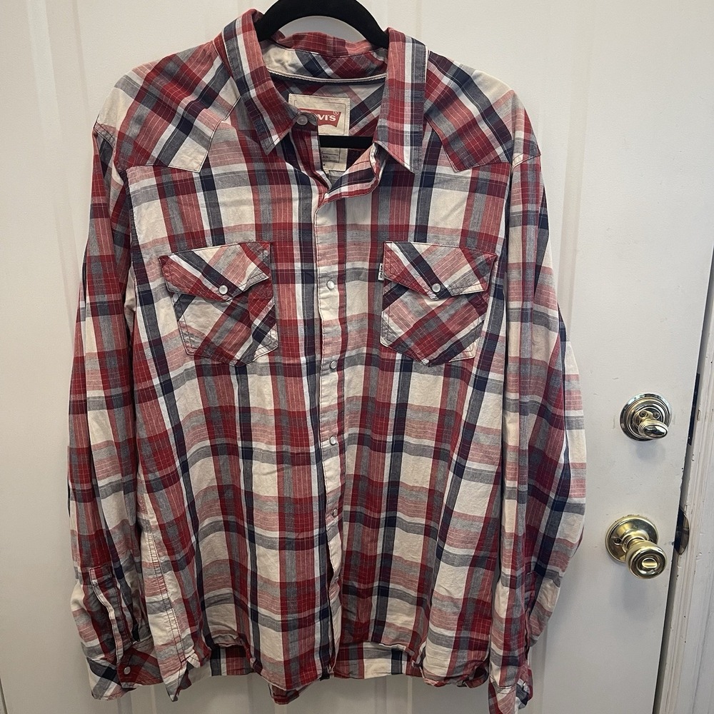 Levis Shirt Red Blue Plaid Long Sleeve Mens XL Western Pearl‎ Snap Cowboy USA - Picture 2 of 8